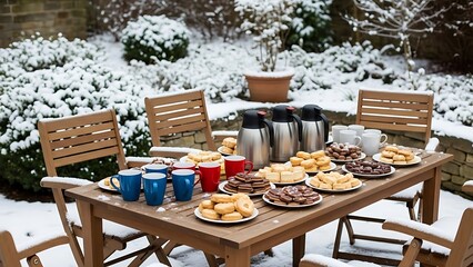 Winter morning outdoor breakfast setting with pastries and coffee on a wooden table surrounded by snow-covered garden.