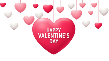 Happy valentine s day heart with hanging hearts isolated on transparent background