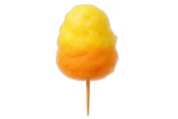 Yellow and orange cotton candy on a stick, a sweet confection for kids and fun fairs, featuring an isolated transparent background