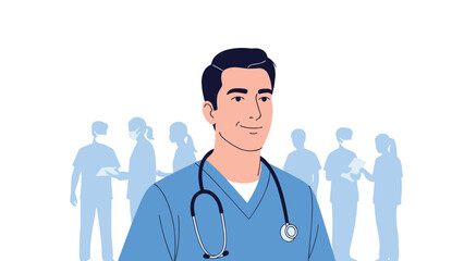 Fototapeta premium A confident and friendly male doctor smiling with a stethoscope, standing in front of his medical team.