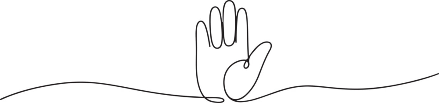 Hand line. Hand drawn art oneline icon. Stop symbol continuous one line drawing. Hand draw main sketch. Single lineart. Palm outline. one line Icon drawing