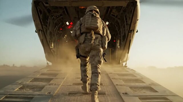 A camouflaged soldier in full gear walks up the dusty ramp of a large military transport aircraft.