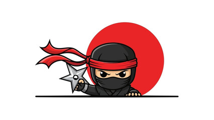 Illustration of a cartoon ninja with a sword behind a red circle and a pagoda gate © Fendi