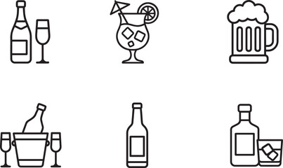 Simple alcohol line icons set in black silhouette style for bar, menu, UI use.