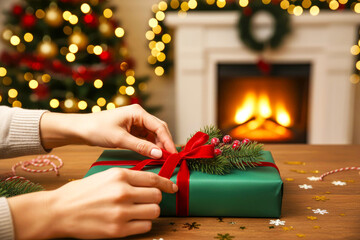 Hands of a person wrapping a green gift box with red ribbon and decorative elements, placed on a wooden table near a cozy fireplace with festive bokeh lights in the background