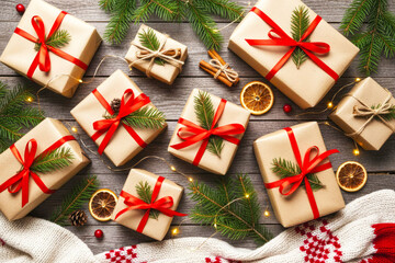 Festively wrapped gifts with red ribbons and pine sprigs are arranged on a rustic wooden surface, surrounded by holiday decorations and cozy knit fabric, creating a warm seasonal atmosphere