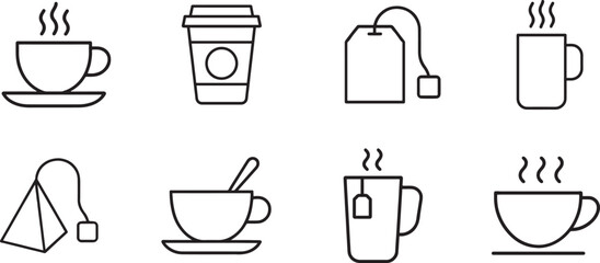 Simple coffee and tea line icons set in black silhouette style for cafe, menu, UI use.