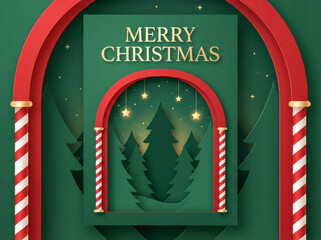 High-resolution Christmas background design with layered pine trees, subtle stars, red arch framing, candy-cane poles, smooth shapes, and refined festive atmosphere.