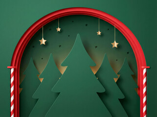 Modern seasonal Christmas illustration showing a paper-cut pine forest, deep green night sky, soft shadows, golden stars, candy-cane accents, and clean vector styling.