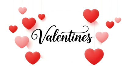 Valentines text on white circle with hanging hearts isolated on transparent background