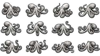 Detailed Black and White Octopus Illustration Set, Scientific Line Art Collection, octopus illustration, octopus line art, octopus vector, black and white octopus, monochrome octopus, marine png,  © TalalAhmad