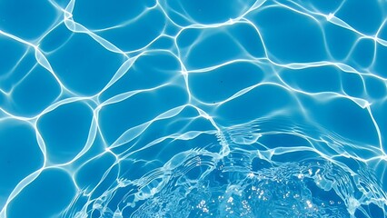Obraz premium Crystal clear blue water surface with shimmering sunlight reflections and gentle ripples, offering a refreshing and serene aquatic background for summer designs