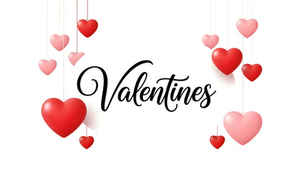 Valentines text with hanging hearts isolated on transparent background
