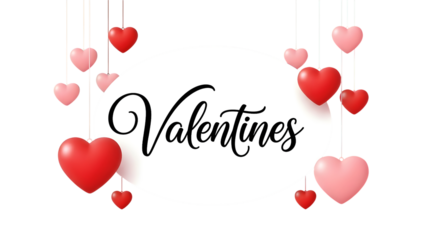 Valentines text with hanging hearts isolated on transparent background