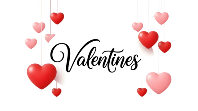 Valentines text with hanging hearts isolated on transparent background - Powered by Adobe