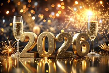 Happy New Year 2026 Toast Concept with Champagne Glasses and Golden Numbers