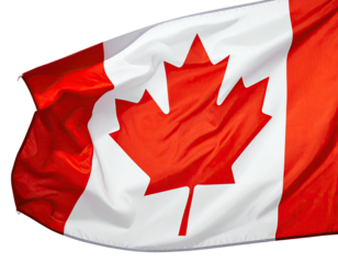 Close-up view of the national flag, featuring a vibrant red maple leaf against red and white panels