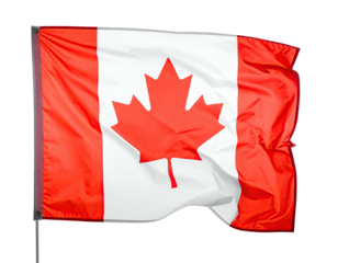 A red and white flag with a maple leaf symbol waving against a dark background