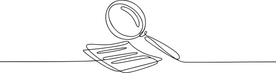 One continuous line drawing of magnifying glass and document, Business analysis concept. one line Icon drawing