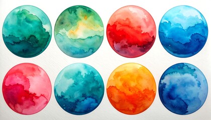 Eight colorful watercolor spheres arranged in two rows of four