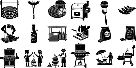 Assorted Barbecue and Grilling Icons in Black and White food cooking