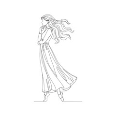 Hand-Drawn  Vector Dynamic Wind-Blown Dress Line Art