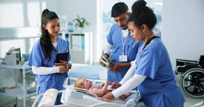 People, baby doll and students in hospital, talking or writing with paedetrician. University, medical interns or tutorial in clinic, neonatal or lesson with healthcare education, dummy or notebook