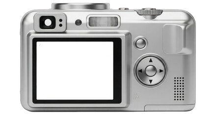 Silver digital camera with large screen isolated on white background