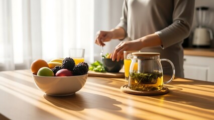 Woman preparing green tea and fruit salad on a wooden kitchen countertop in a bright kitchen