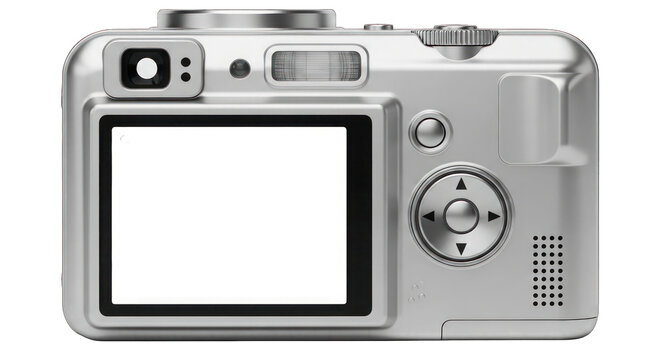 Silver digital camera with large screen isolated on white background