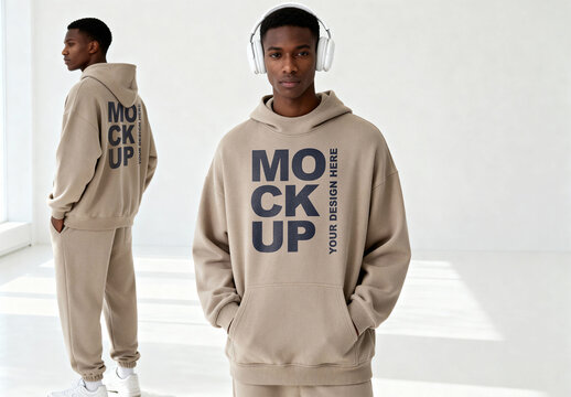 Oversized Beige Hoodie Mockup on Male Model