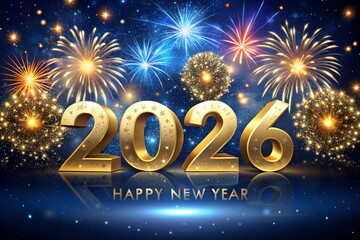 Happy New Year 2026 Golden 3D Numbers with Colorful Fireworks and Bokeh Background