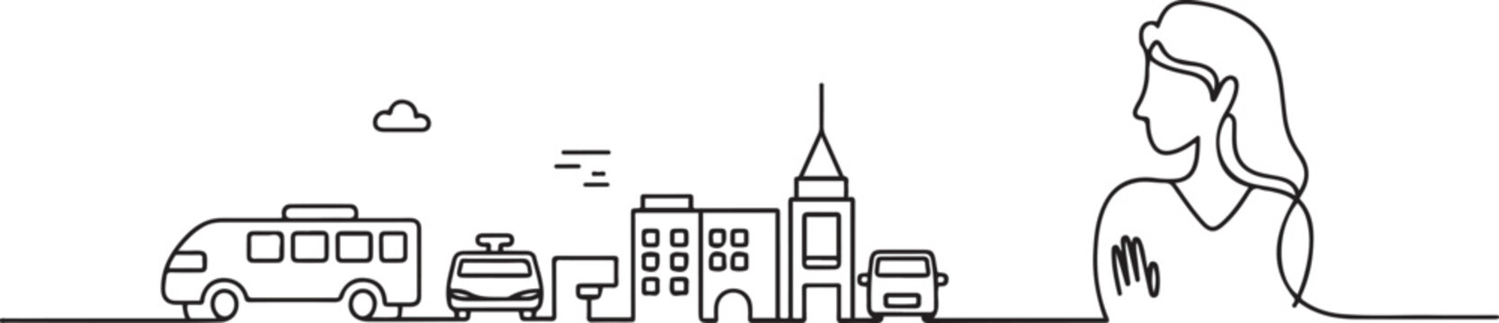 The woman drawn in line is a tour operator who works with hotels and airlines to develop tourist routes and create tours, including transportation. one line Icon drawing