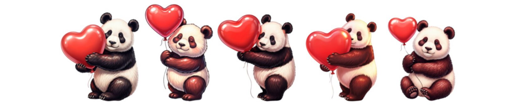 Five charming panda bears, each cradling a vibrant red heart, express a message of love and affection. valentines day, vector illustration