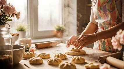 Woman preparing traditional dumplings on kitchen counter with rolling pin and ingredients.