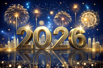 Happy New Year 2026 Celebration with Golden Numbers, Fireworks and City Skyline
