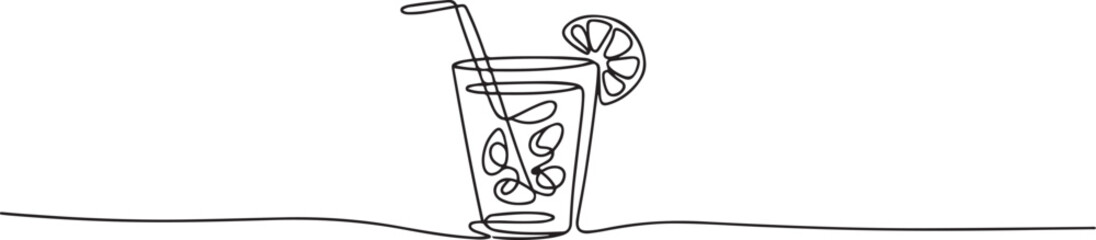 Glass of cocktail in continuous one line drawing. Mojito and beverage bar in simple linear style. one line Icon drawing