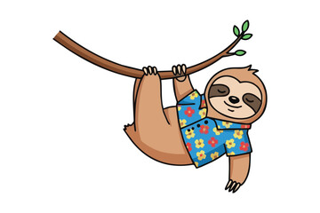 Obraz premium Charming cartoon sloth happily hanging from a branch wearing a floral shirt