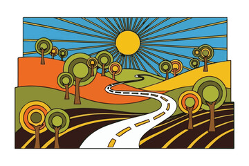 Obraz premium A winding road through a colorful landscape with sunburst and trees
