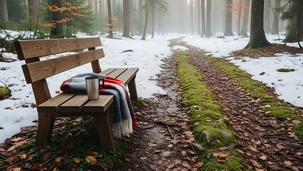 Serene forest bench with blanket and thermos on a snowy pathway, surrounded by trees and autumn leaves.