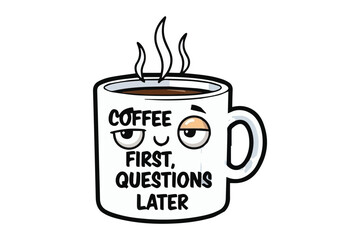 A charming cartoon coffee mug with a sleepy face and witty text