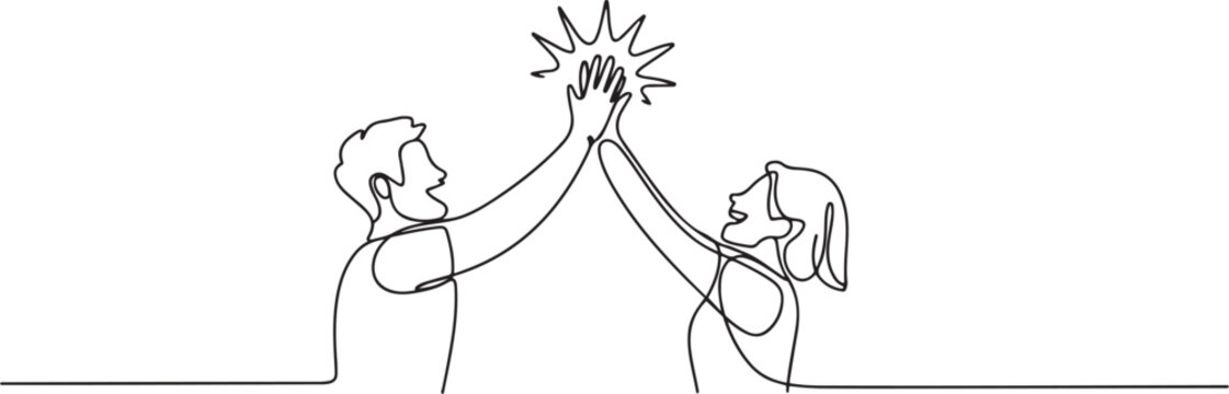 Continuous line drawing of two people clapping high five gesture. Business teamwork success sketch art editable stroke vector illustration. one line Icon drawing
