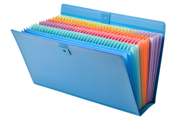 A bright blue expandable accordion file folder with multiple colored tabs, perfect for organizing documents and papers