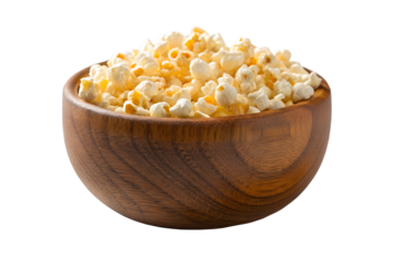 A wooden bowl filled with freshly popped, buttery popcorn, a perfect snack for movie nights or casual gatherings, presented on a clean white background