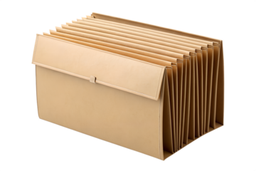 Brown expandable file organizer with accordion compartments for efficient document sorting, a practical office supply for paper storage, isolated on a bright background