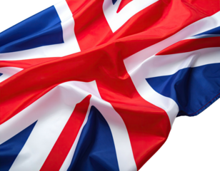A close-up shot of a waving flag featuring red, white, and blue colors. Details are visible