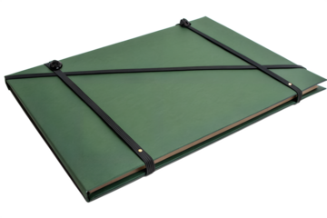 Elegant dark green file folder with a distinctive crisscross elastic band, offering secure document organization and professional presentation isolated on white