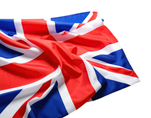 A close-up view of the UK flag against a black background, with folds and creases visible