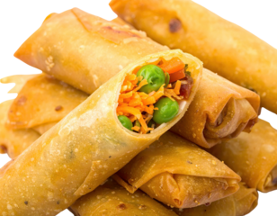 A close-up pile of golden, crispy, and savory rolled pastries filled with colorful vegetables