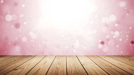 Wooden floor with pink bokeh background and sunlight
